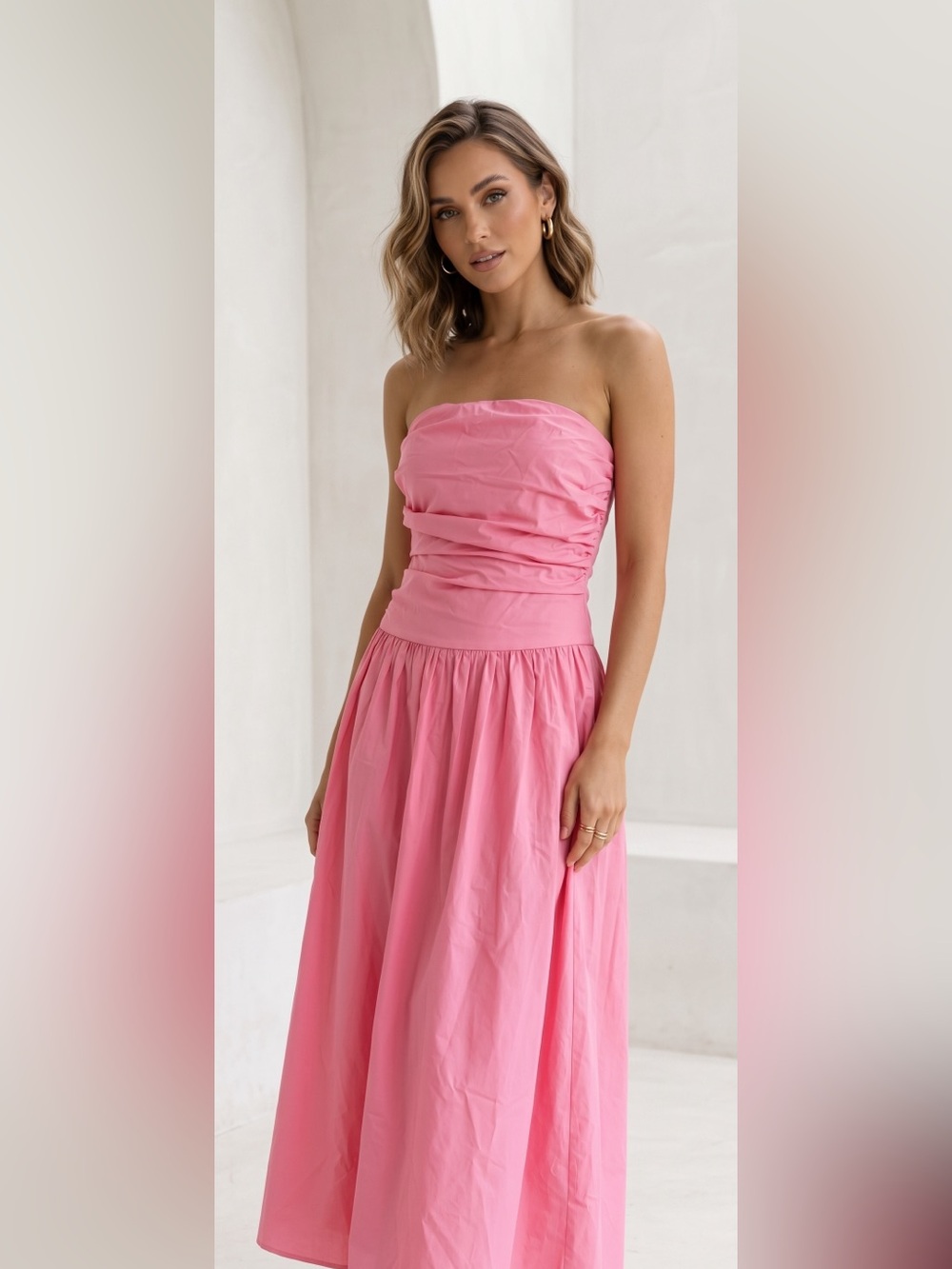Strapless Pink Gathered Waist Maxi Dress 100% Cotton